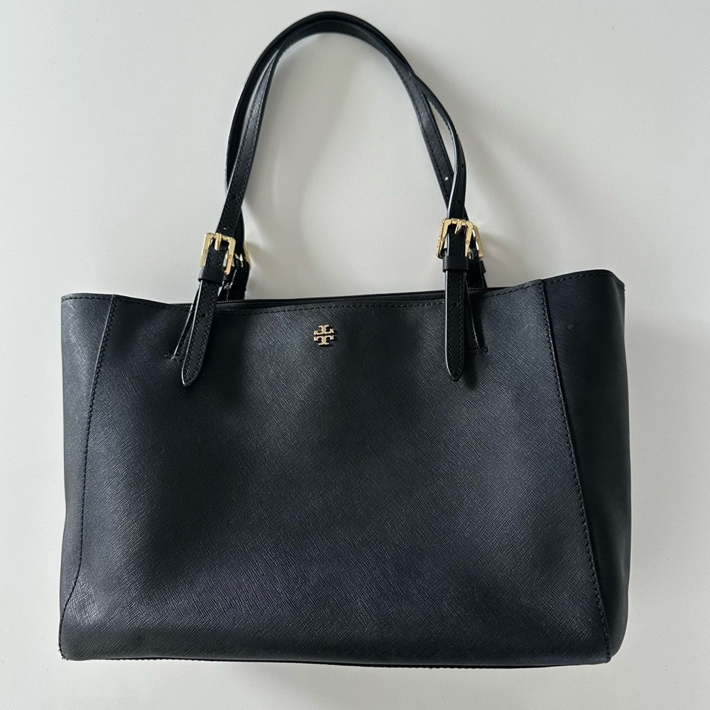Tory Burch Small York Buckle Tote- Black Leather
